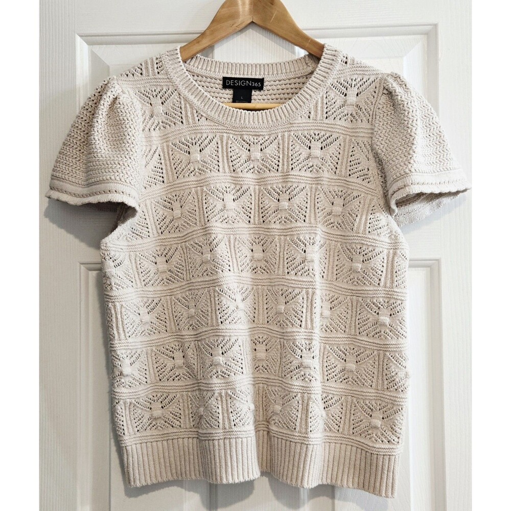 Design 365 Cream Pointelle Knit Short Sleeve Sweater Geometric Sz Large Prairie